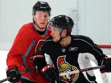 Curtis Lazar, left, plays at he Senators development camp, which had their final 3 on 3 tournament Monday July 7, 2014 at the Bell Sensplex.