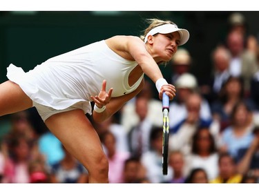 Eugenie Bouchard of Canada serves during the Ladies' Singles final match against Petra Kvitova of Czech Republic on day twelve of the Wimbledon Lawn Tennis Championships at the All England Lawn Tennis and Croquet Club on July 5, 2014 in London, England.