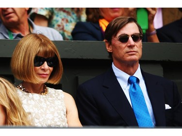 Anna Wintour and Shelby Bryan sit in the Royal Box on Centre Court before the Ladies' Singles final match between Eugenie Bouchard of Canada and Petra Kvitova of Czech Republic on day twelve of the Wimbledon Lawn Tennis Championships at the All England Lawn Tennis and Croquet Club on July 5, 2014 in London, England.