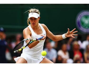 Eugenie Bouchard of Canada during the Ladies' Singles final match against Petra Kvitova of Czech Republic on day twelve of the Wimbledon Lawn Tennis Championships at the All England Lawn Tennis and Croquet Club on July 5, 2014 in London, England.