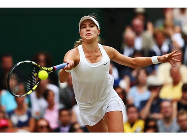 Eugenie Bouchard of Canada during the Ladies' Singles final match against Petra Kvitova of Czech Republic on day twelve of the Wimbledon Lawn Tennis Championships at the All England Lawn Tennis and Croquet Club on July 5, 2014 in London, England.