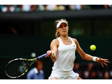Eugenie Bouchard of Canada during the Ladies' Singles final match against Petra Kvitova of Czech Republic on day twelve of the Wimbledon Lawn Tennis Championships at the All England Lawn Tennis and Croquet Club on July 5, 2014 in London, England.