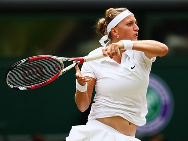 Petra Kvitova of Czech Republic during the Ladies' Singles final match against Eugenie Bouchard of Canada on day twelve of the Wimbledon Lawn Tennis Championships at the All England Lawn Tennis and Croquet Club on July 5, 2014 in London, England.