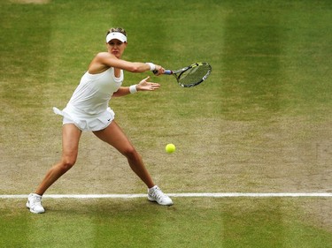 Eugenie Bouchard of Canada during the Ladies' Singles final match against Petra Kvitova of Czech Republic on day twelve of the Wimbledon Lawn Tennis Championships at the All England Lawn Tennis and Croquet Club on July 5, 2014 in London, England.
