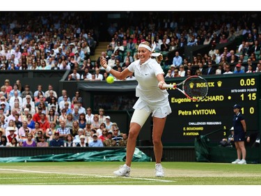 Petra Kvitova of Czech Republic plays a forehand return during the Ladies' Singles final match against Eugenie Bouchard of Canada on day twelve of the Wimbledon Lawn Tennis Championships at the All England Lawn Tennis and Croquet Club on July 5, 2014 in London, England.