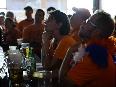 Fans cheering for Netherlands watches the FIFA World Cup 2014 match between Netherlands and Argentina at Hooley's on Wednesday, July 9, 2014.
