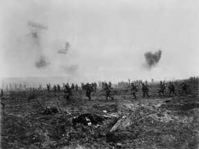 William Ivor Castle's composite photograph of the 29th Infantry Battalion advancing over "No man's Land" through the German barbed wire and heavy fire at  Vimy Ridge, 1917, ink-jet print, 320 × 610 cm. Library and Archives Canada.