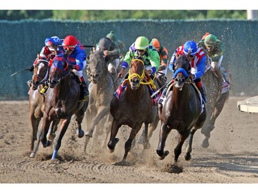 In a photo provided by Equi-Photo, Bayern, with Martin Garcia riding, right, leads the field through the final turn on the way to winning the $1 million Haskell Invitational horse race at Monmouth Park on Sunday, July 27, 2014, in Oceanport, N.J.