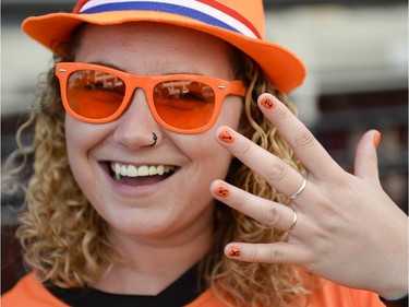 Jenna Somerteon is dressed up to cheer for Netherlands during the FIFA World Cup 2014 match between Netherlands and Argentina at Hooley's on Wednesday, July 9, 2014.