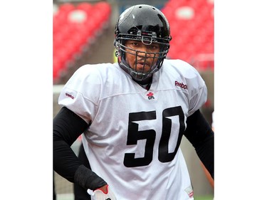 Jeraill McCuller (#50) as the Ottawa Redblacks practice through a downpour Tuesday morning at TD Place Stadium at Lansdowne Park.