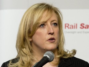 Transport Minister Lisa Raitt announces new railway safety measures during a news conference on Wednesday, April 23, 2014 in Ottawa. THE CANADIAN PRESS/Adrian Wyld