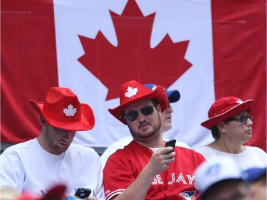 Fans of the Toronto Blue Jays celebrate Canada Day before the start of MLB game action against the Milwaukee Brewers on July 1, 2014 at Rogers Centre in Toronto, Ontario, Canada.