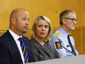 Minister of Justice and Public Security, Anders Anundsen, left, the head of the Norwegian intelligence service (PST), Benedicte Bjoernland and head of the police Vidar Refvik, right, during a press conference in Oslo, Thursday, July 24, 2014. Norway's intelligence service said Thursday it has received information about an imminent "concrete threat" against Norway from people with links to Islamic fighters in Syria.