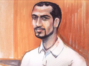 Omar Khadr appears in an Edmonton courtroom, Monday, Sept.23, 2013 in this artist's sketch.