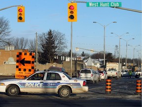 West Hunt Club Road and Woodroffe Avenue was the most dangerous intersection in 2013, with 45 collisions. This file photo was taken when 
a water main burst.