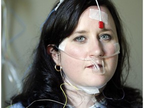 Citizen reporter Meghan Hurley is wired up for a night's sleep at the Montfort Hospital sleep lab.