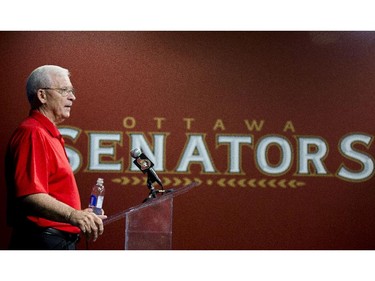 Ottawa Senators' GM Bryan Murray addresses the media on the Jason Spezza trade  at the Canadian Tire Centre Tuesday, July 1, 2014.