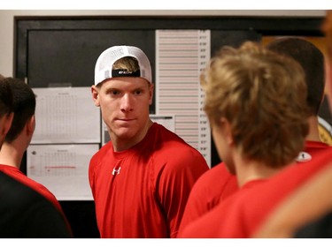 Ottawa Senators' NHL prospect Buddy Robinson checks his fitness scores during their annual development camp at Canadian Tire Centre in Ottawa on July 03, 2014.