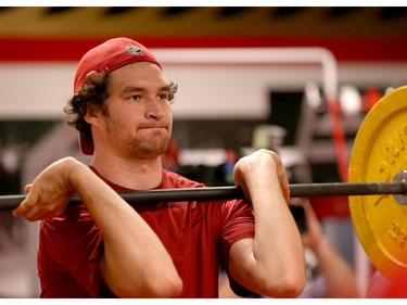 Ottawa Senators' NHL prospect Mark Stone lifts wights during their annual development camp at Canadian Tire Centre in Ottawa on July 03, 2014.