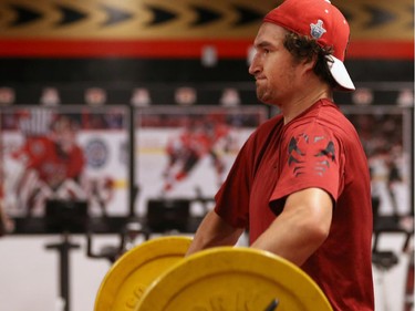 Ottawa Senators' NHL prospect Mark Stone lifts wights during their annual development camp at Canadian Tire Centre in Ottawa on July 03, 2014. (Jana Chytilova / Ottawa Citizen) ORG XMIT: 0704 sensdevcamp 13