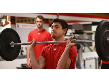 Ottawa Senators' NHL prospect Nicholas Paul lifts weights during their annual development camp at Canadian Tire Centre in Ottawa on July 03, 2014.