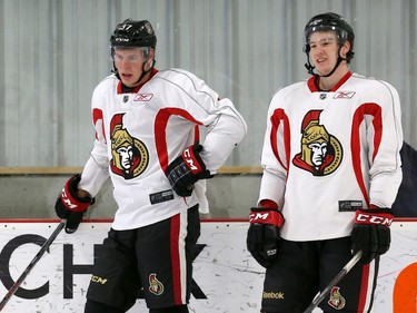 Ottawa Senators' NHL prospects Darren Kramer, left, and Troy Rutkowski, right, on the ice during their annual development camp at the Bell Sensplex on Friday, July 4, 2014.