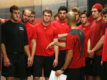 Ottawa Senators' NHL prospects listen to instructions from Domenic Nicoletta (M), Assistant Athletic Therapist, during their annual development camp at Canadian Tire Centre in Ottawa on July 03, 2014.