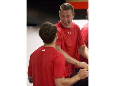 Ottawa Senators' prospect, Darren Kramer, right, has a laugh with a fellow prospect in the 2014 Development Camp at the Canadian Tire Centre Tuesday, July 1, 2014.