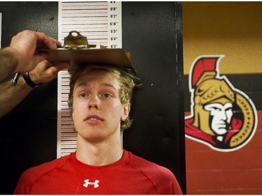 Ottawa Senators' prospect Ryan Dzingel gets measured in the 2014 Development Camp at the Canadian Tire Centre Tuesday, July 1, 2014.
