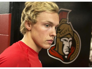 Ottawa Senators' prospect Ryan Dzingel watches the medicine ball throw during the 2014 Development Camp at the Canadian Tire Centre Tuesday, July 1, 2014.