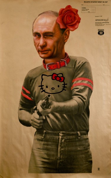 Vladimir Putin, painted on a vintage shooting range target poster, by Peter Shmelzer in Shoot Me, Please, at La Petite Mort Gallery in Ottawa.