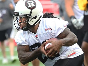 RB Chevon Walker carries the ball up the field as the Ottawa Redblacks have their first practice at home since losing their opening season game against Winnipeg.