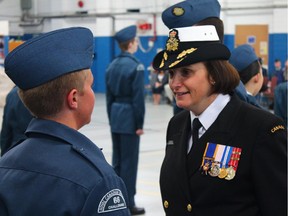 Rear-Adm. Jennifer Bennett, chief reserves and cadets, with Air Cadets from 66 Challenger Squadron in Thunder Bay, Ont., in May 2012.