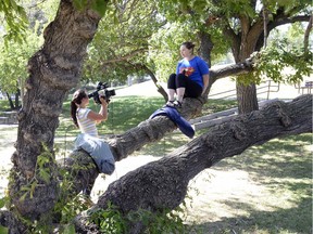 Kara Wheeler of Regina Beach is interviewed as she sits on branches of the remaining tree after the one beside it was cut down after a child fell out of it reportedly breaking a limb recently.