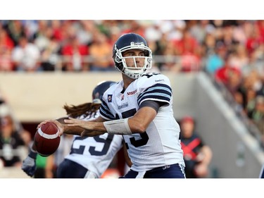 Ricky Ray of the Toronto Argonauts at TD Place in Ottawa during the franchise home opener of the Redblacks on Friday, July 18, 2014.