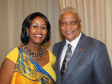 Rwandan charge d'affaires Shakilla K. Umutoni hosted a national day reception July 4 the at the Chateau Laurier with musical performance and traditional dances. She is shown with Angolan Ambassador Tavares da Silva Neto.