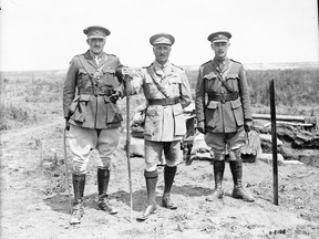 Col. Adamson and Lieut.-Col. Stewart, P.P.C.L.I. Battle of Passchendaele. November, 1917. Col. Agar Adamson, the Commanding Officer of the Princess Patricia's Canadian Light Infantry, is likely in the center, with the officer on the right being Lt. Col. Charles James Townshend Stewart, the unit's Commanding Officer in 1918.