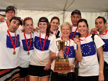 The EU team won the embassies and foreign missions challenge cup at the Dragon Boat Festival. Back row from left: Manfred Auster, Elisabeth Hundhammer, and Chanty Chou. Front row, Raul Sanchez Pascual, Annkathrin Diehl, Olivia Podmore, Marie-Anne Coninsx, Petra Auster and Francisco Gomez.
