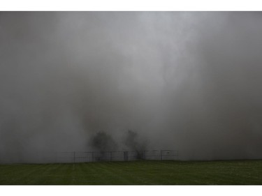 The Sir John Carling Building is obscured by dust after it was demolished early Sunday morning, July 13, 2014.