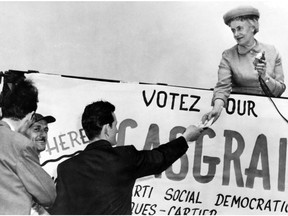 Therese Casgrain, president of the League for Women's Rights in Quebec from 1929 to 1942, is pictured during an election campaign in a 1967 photo. Casgrain, a feminist icon and Quebec heroine who died in 1981, has been quietly removed from a national honour, to be replaced by an volunteer award bearing the prime minister's banner.