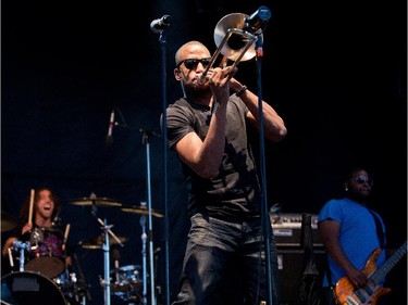 Trombone Shorty performs on the River Stage at Bluesfest.