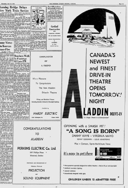 An advertisement for the Aladding drive-in theatre.
