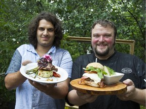 Chef/owners Chris Tache with duck confit, Joe O'Shaughnessy with burger at Chez Eric on Chemin Valley, La P�che(Wakefield) Qc. (Pat McGrath / Ottawa Citizen)