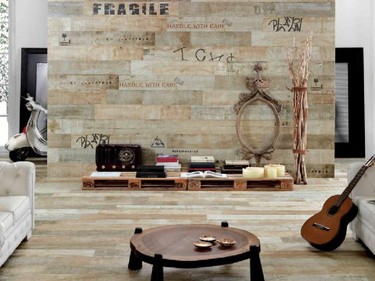 A big trend in tile today is porcelain tiles made to look like real wood. These Fragile tiles from Flooring Solutions Muskoka kick the wood look up a notch with texts and stamps for a vintage feel.