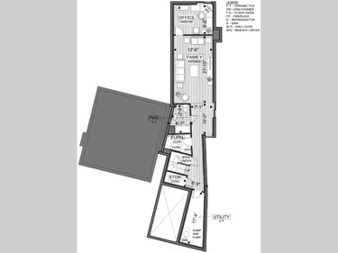 Basement floor plan of 317 Riverdale. It includes a full bathroom and room for a fourth bedroom plus a rec room.