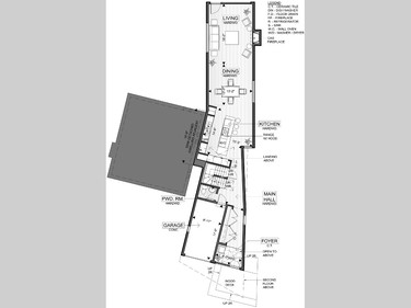 Main floor plan of 317 Riverdale. It features just over 2,200 square feet (with another 1,000 square feet in the basement), three bedrooms and three and a half baths.