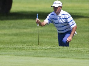 Graham Gunn of Ottawa checks out a putt on the 15th hole, during first-round play in the Forces and Families Open at the Hylands Golf Club in Ottawa.