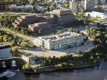 An aerial photograph taken from a hot air balloon shows the Lester B. Pearson building, and the MacDonald-Cartier Bridge along with downtown Ottawa Friday, August 29, 2014.