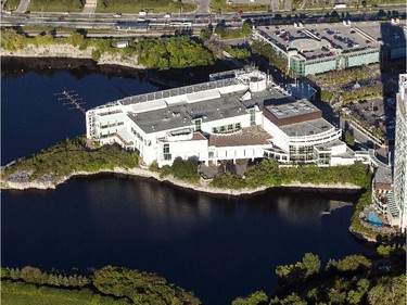 An aerial photograph taken from a hot air balloon shows the Hilton Lac Leamy, right, and the Casino Lac Leamy, left, in Gatineau Friday, August 29, 2014.