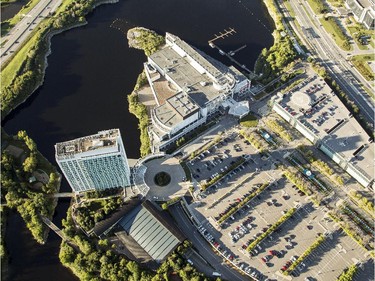 An aerial photograph taken from a hot air balloon shows the Hilton Lac Leamy, left, and the Casino Lac Leamy, right, in Gatineau Friday, August 29, 2014.